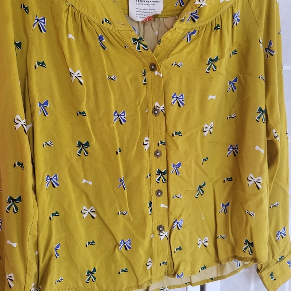 ANTHROPOLOGIE Top Bow Print Yellow Blouse Sz 00P - Picture 2 of 9